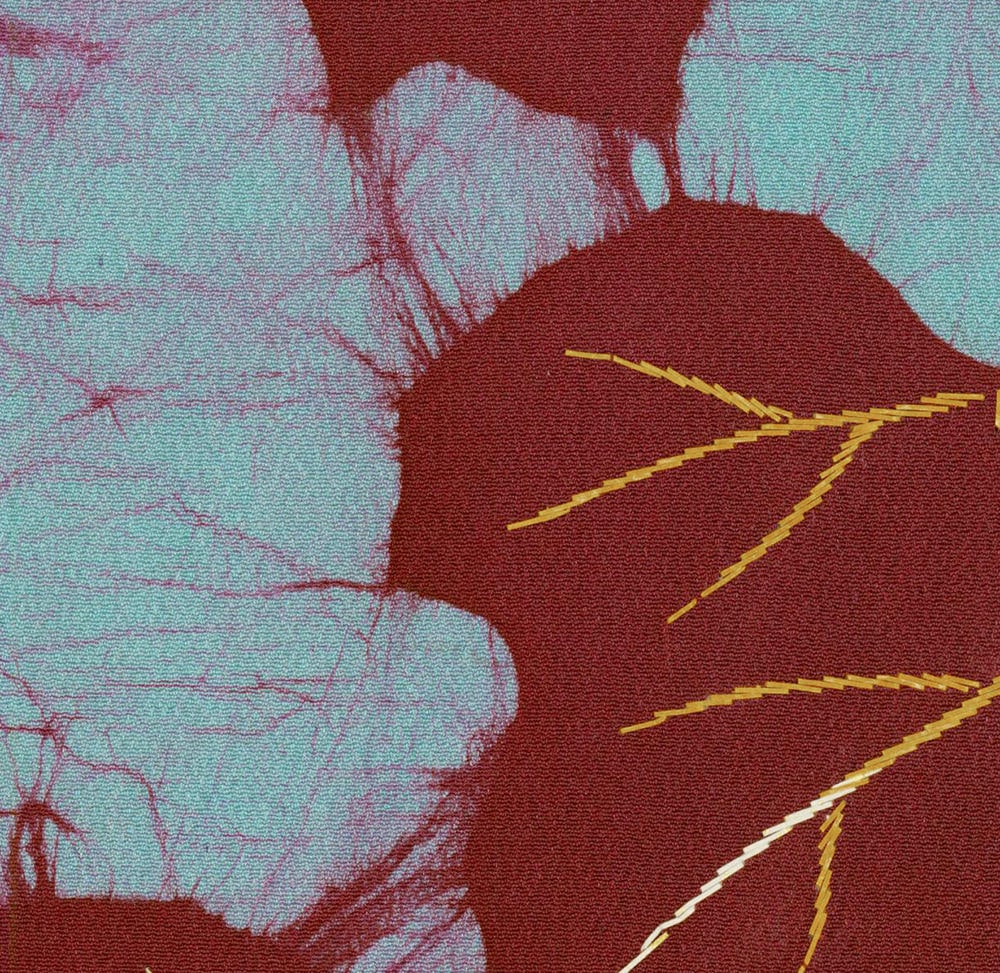 Abstract art with red and blue tones and yellow geometric lines