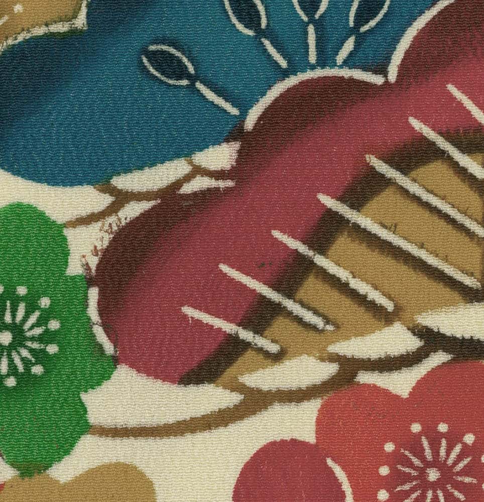 Vintage floral fabric with red, green, blue, and yellow abstract flowers