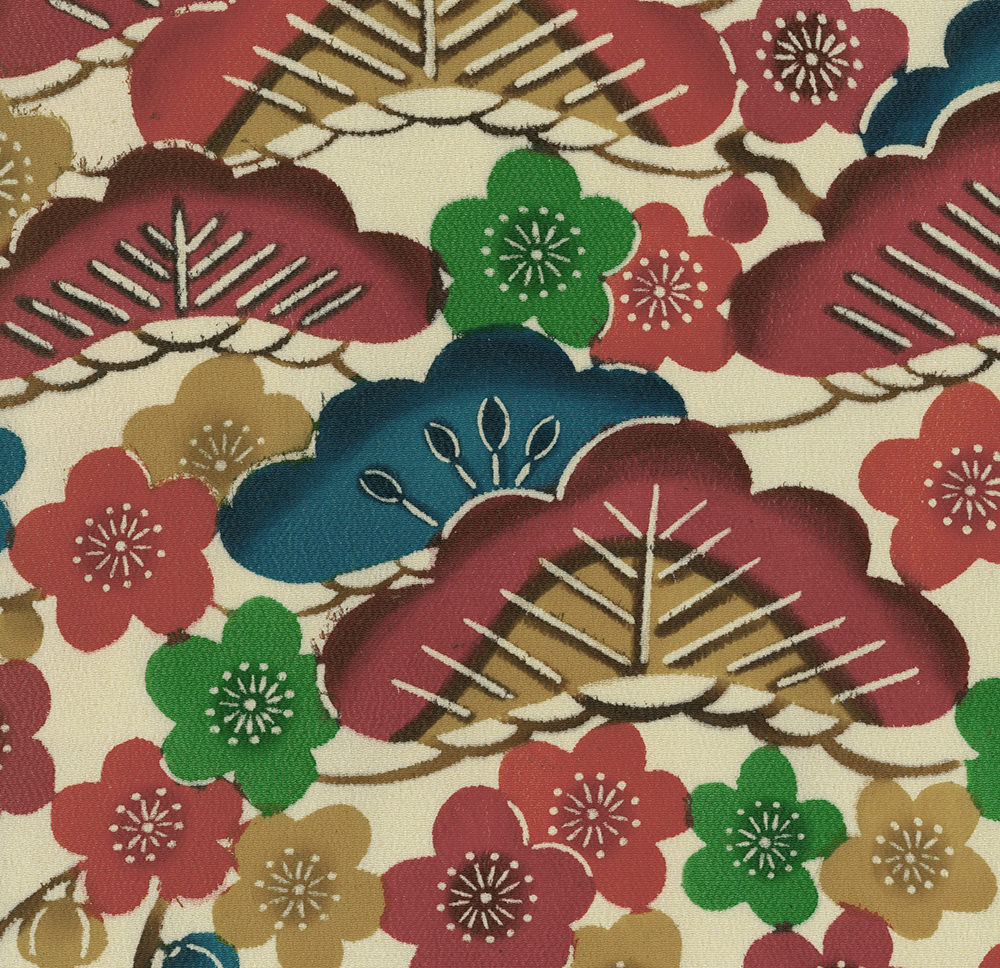 Traditional Japanese floral pattern with plum blossoms in red, green, and blue