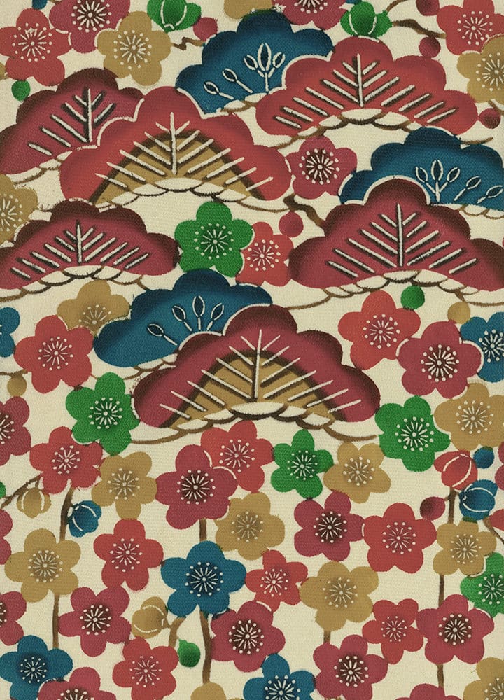 Vintage Japanese floral pattern with stylized trees and blossoms