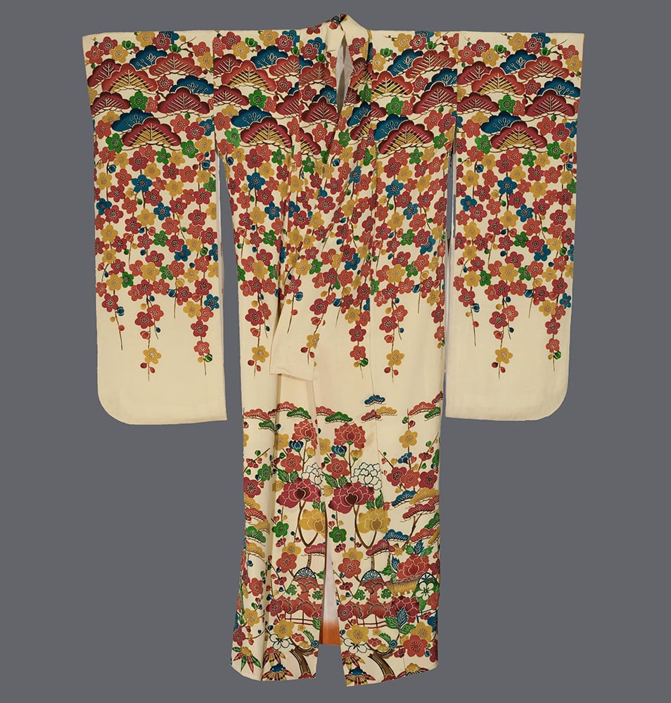 Colorful Japanese kimono with cascading floral pattern in red, yellow, and blue