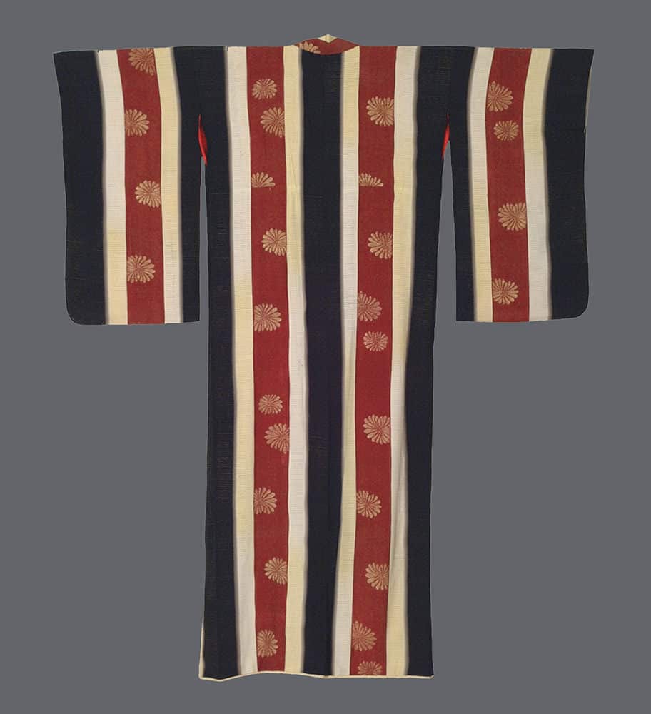 Traditional Japanese kimono with red, white, and black striped design