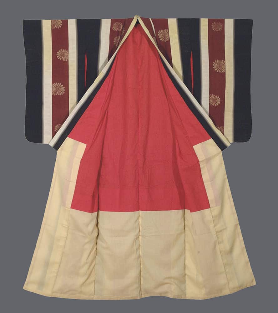 Traditional Japanese kimono with floral pattern and red and cream colors