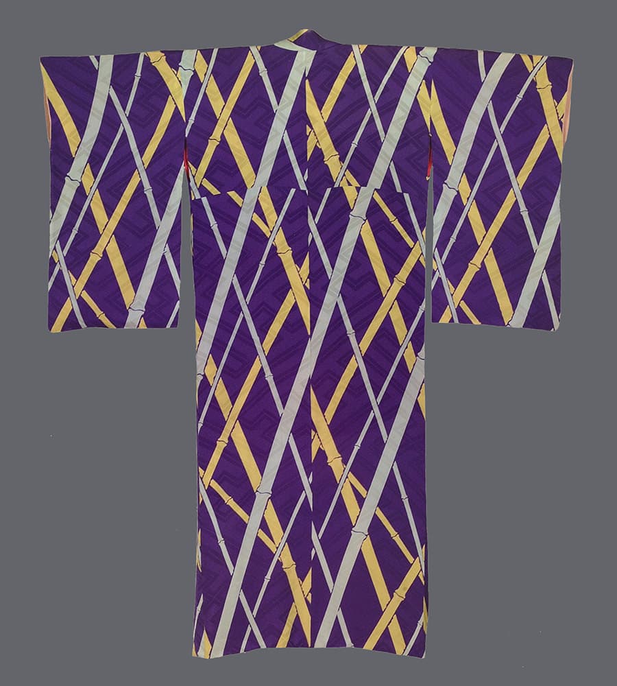 Traditional Japanese kimono with purple, yellow, and white geometric pattern