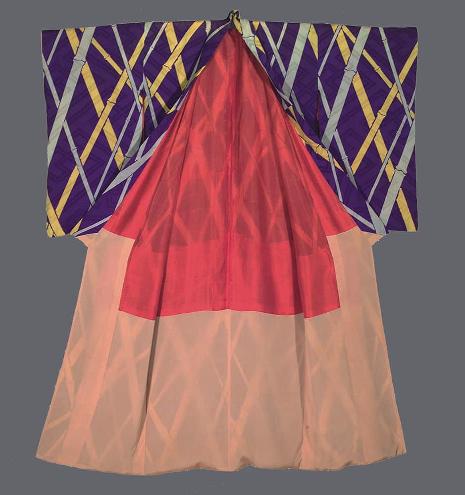 Colorful Japanese kimono with geometric purple and yellow sleeves