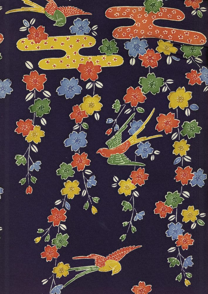 Colorful Japanese pattern with birds and flowers on dark background