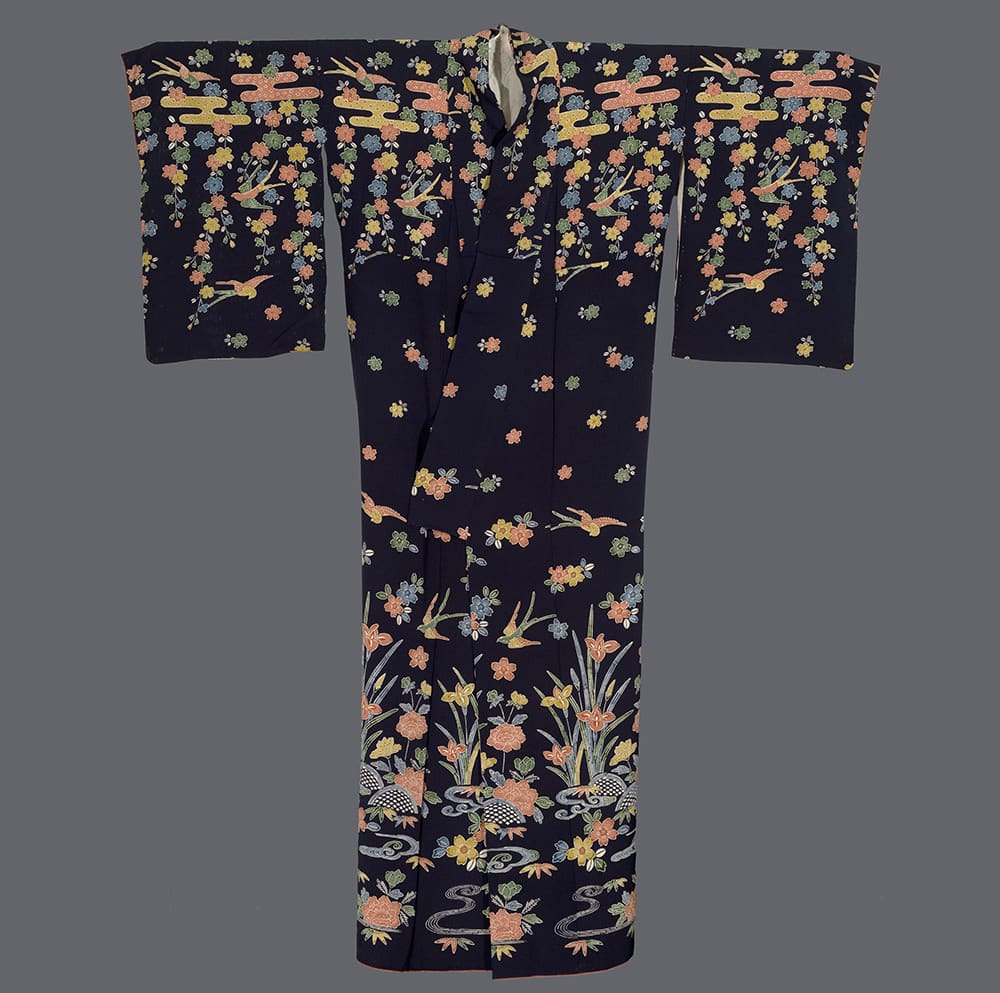 Traditional black Japanese kimono with colorful floral and bird pattern