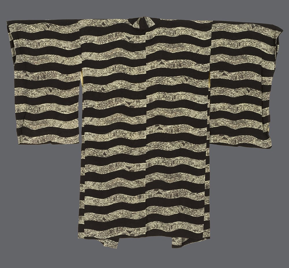 Japanese kimono with wavy black and textured gold striped pattern