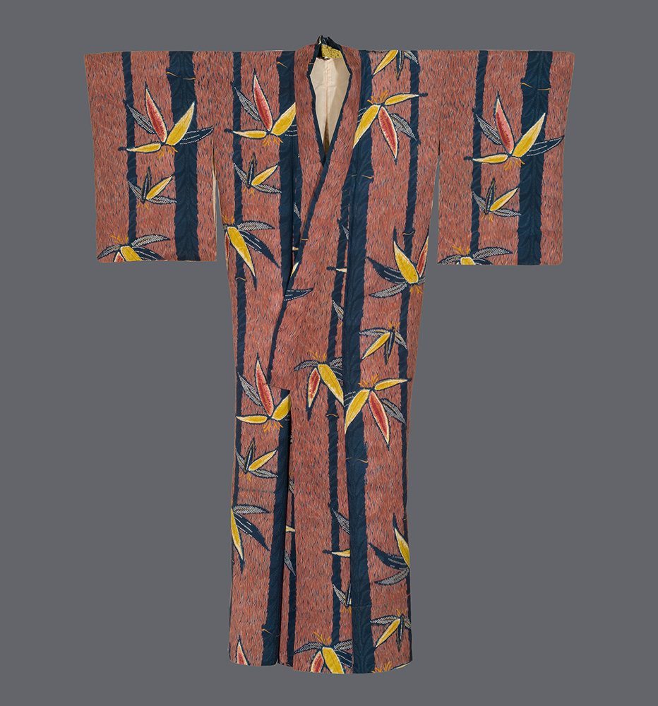 Traditional Japanese kimono with yellow and blue bamboo leaf pattern