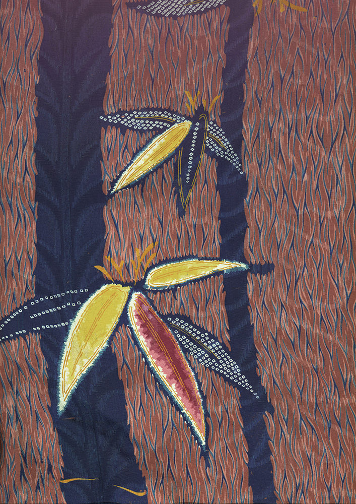 Stylized yellow and blue botanical leaves against textured reddish-brown background