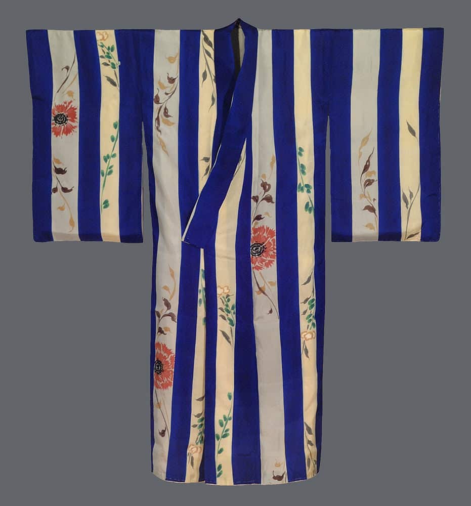 Blue and white striped Japanese kimono with red flowers and green leaves