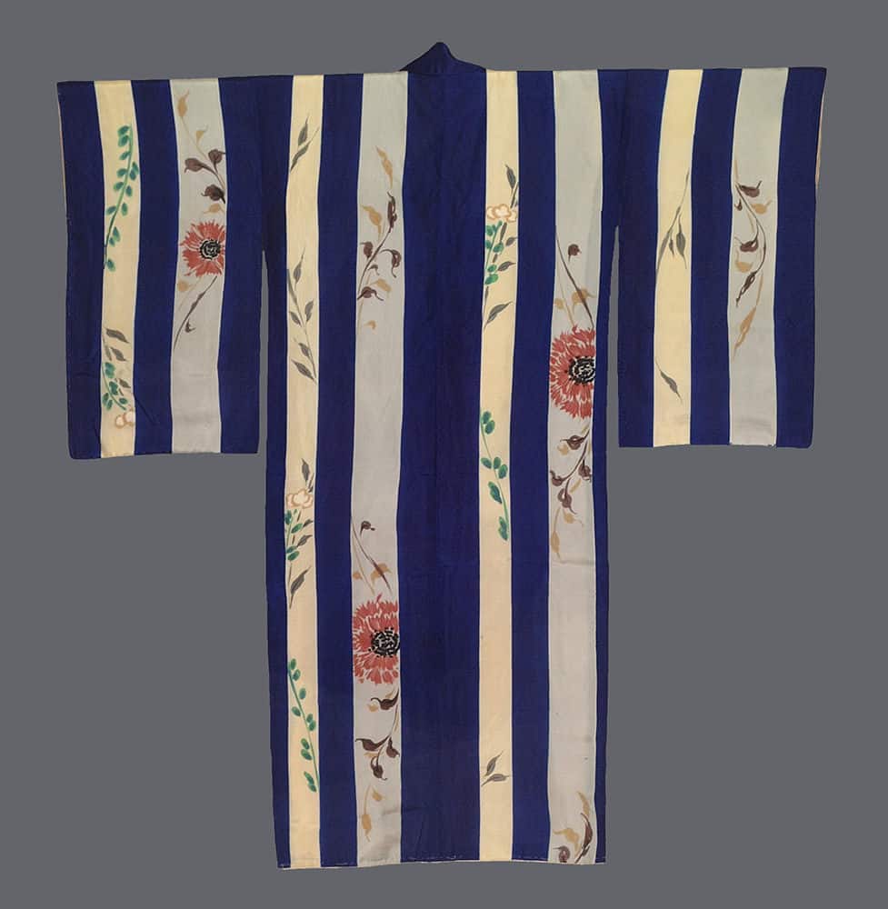 Blue and white striped kimono with red floral pattern