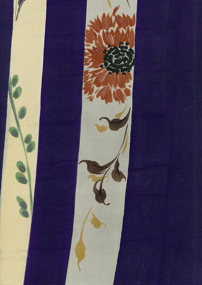 Orange flower and brown birds on striped blue, white, and yellow fabric