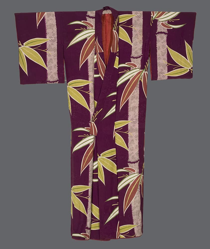 Purple Japanese kimono with yellow and pink bamboo leaf pattern