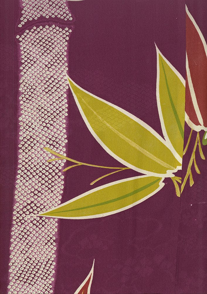 Stylized yellow and green leaves on purple background with textured border