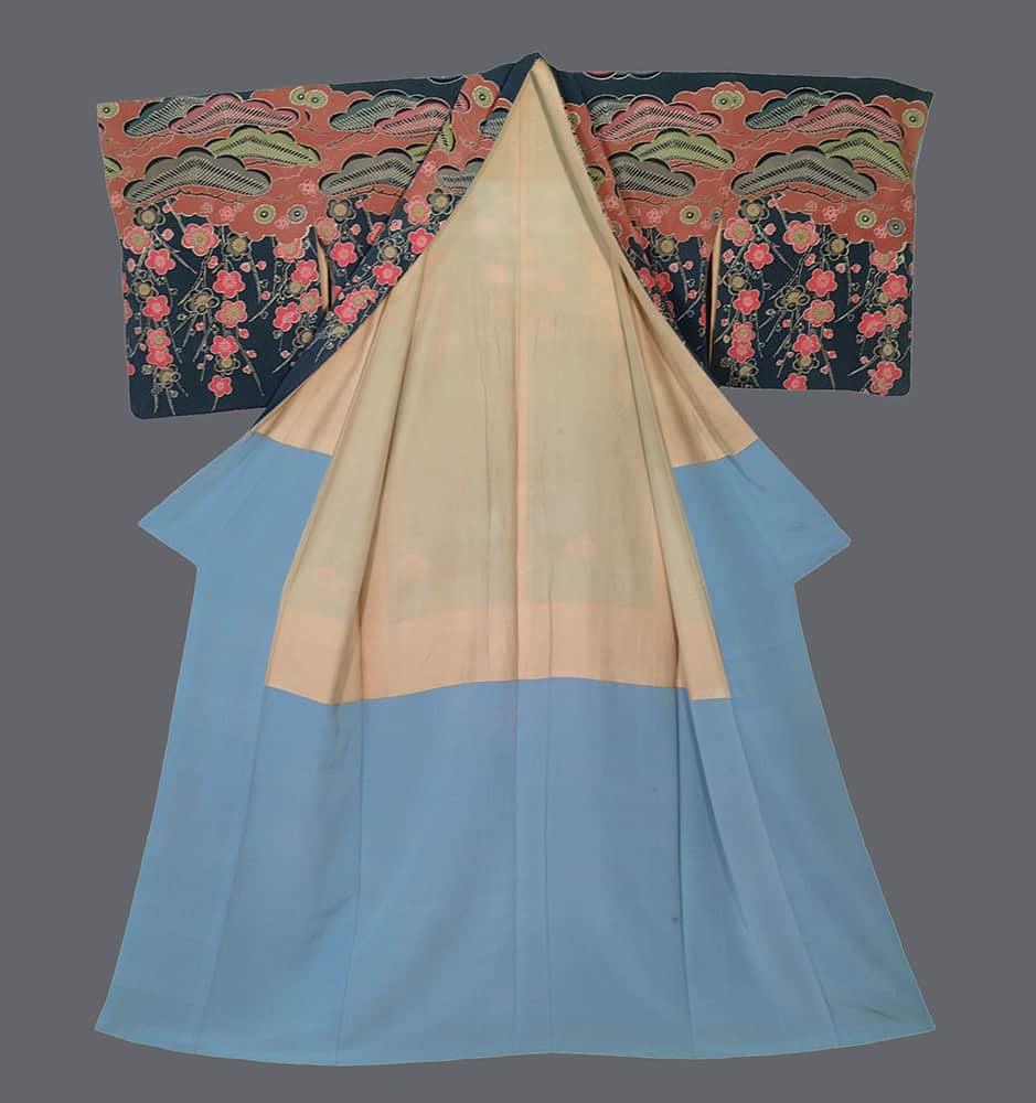Vintage Japanese kimono with floral sleeves in blue, peach, and pink