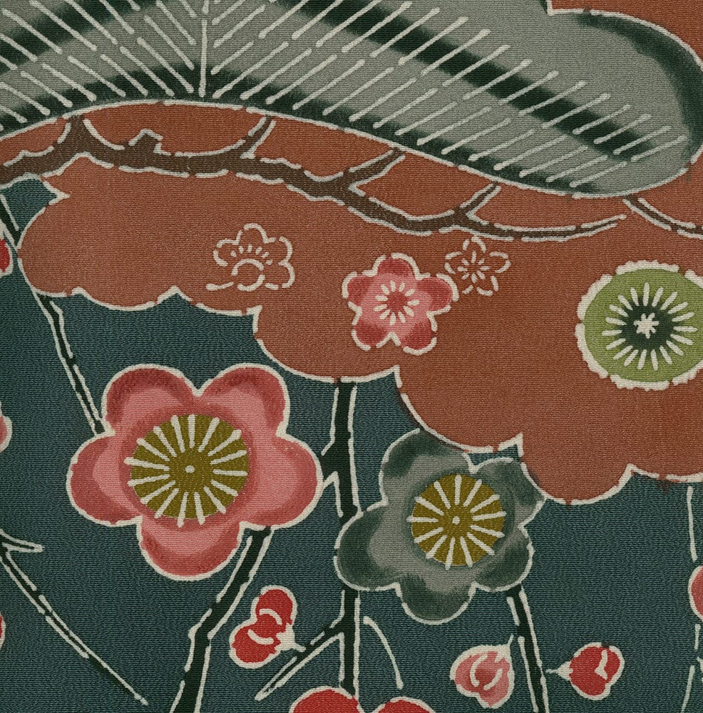 Vintage Japanese textile with stylized floral pattern in rust and green