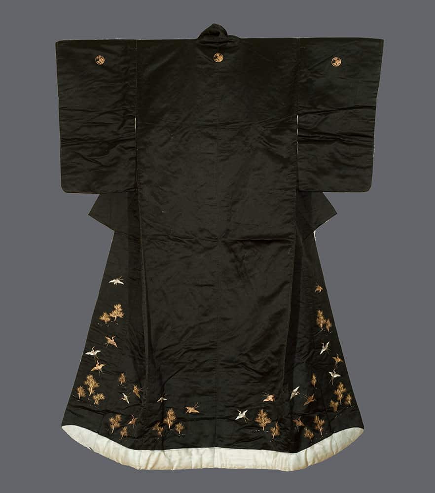 Black Japanese kimono with gold embroidered birds and trees