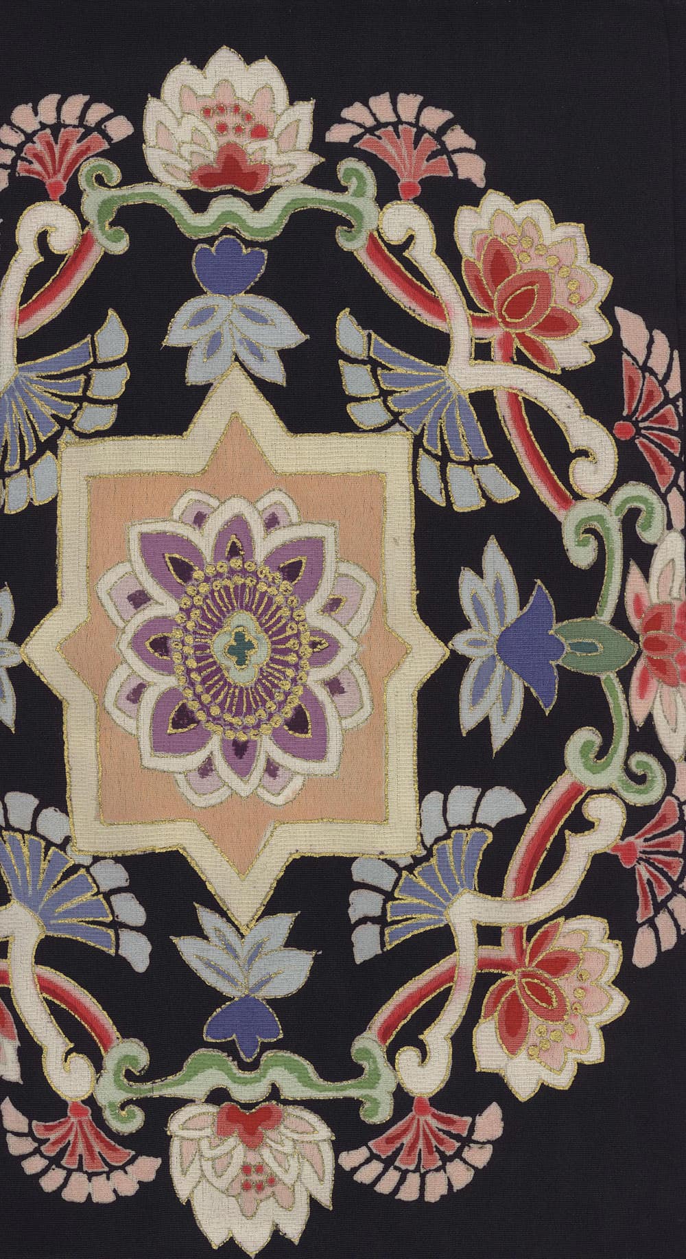 Intricate floral textile design with ornate lotus and mandala patterns