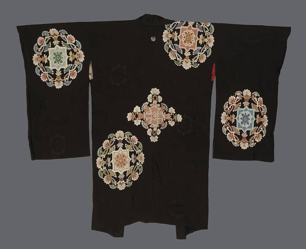 Black Japanese kimono with ornate floral and geometric medallion embroidery