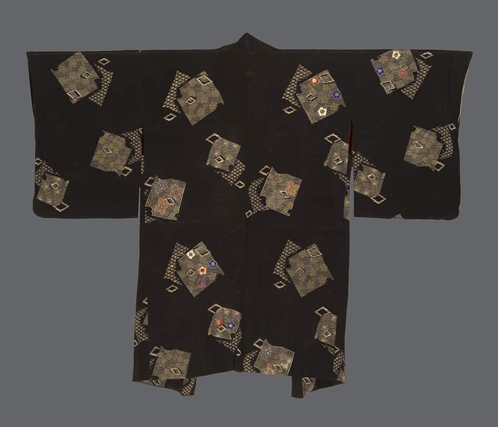 Black Japanese kimono with golden geometric tiles and colorful accents