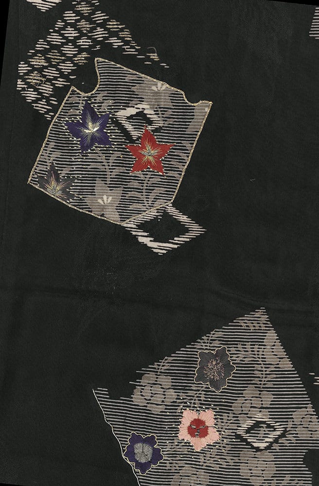 Floral pattern on dark fabric with geometric shapes and colorful flowers