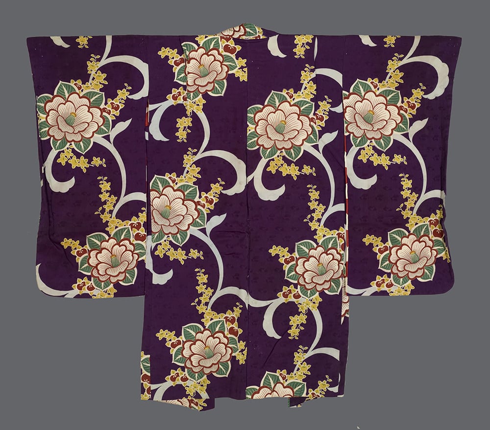 Purple Japanese kimono with pink flowers and yellow blossoms