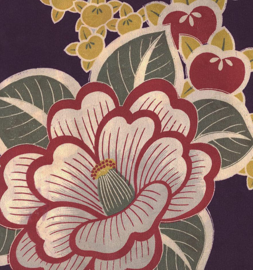 Vintage Japanese textile design with red peony and yellow apples