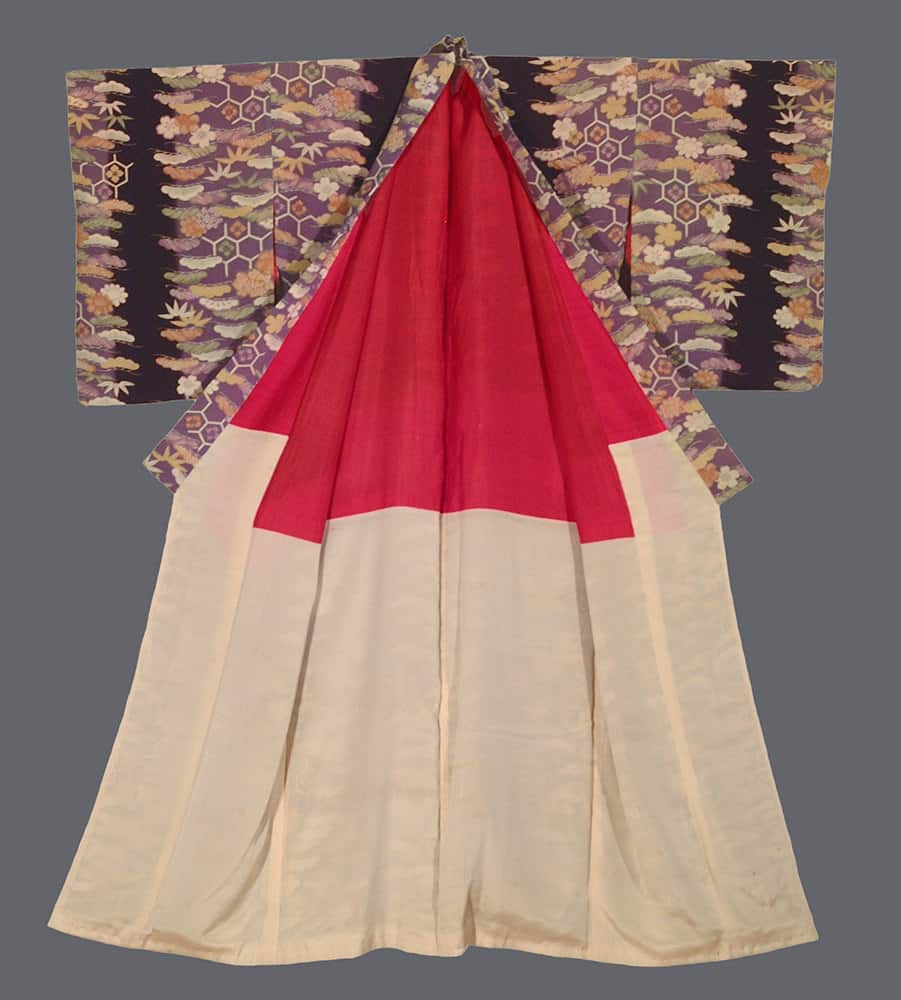 Japanese kimono with red top, cream bottom, and floral patterned sleeves