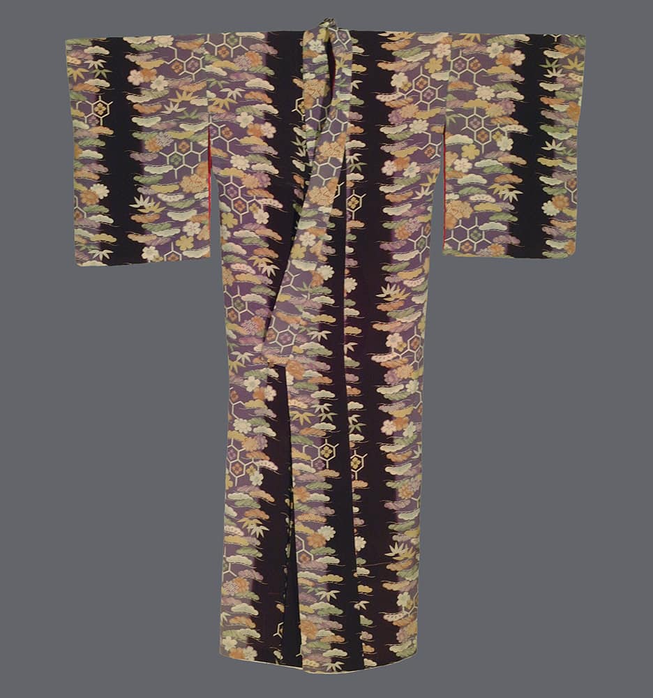 Traditional Japanese kimono with floral and geometric pattern in autumn colors