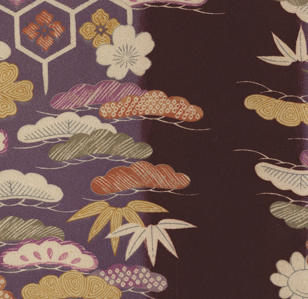 Traditional Japanese textile pattern with clouds, flowers, and geometric shapes