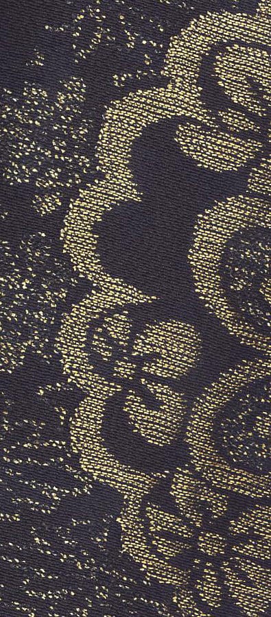 Luxurious dark fabric with intricate gold swirling floral pattern