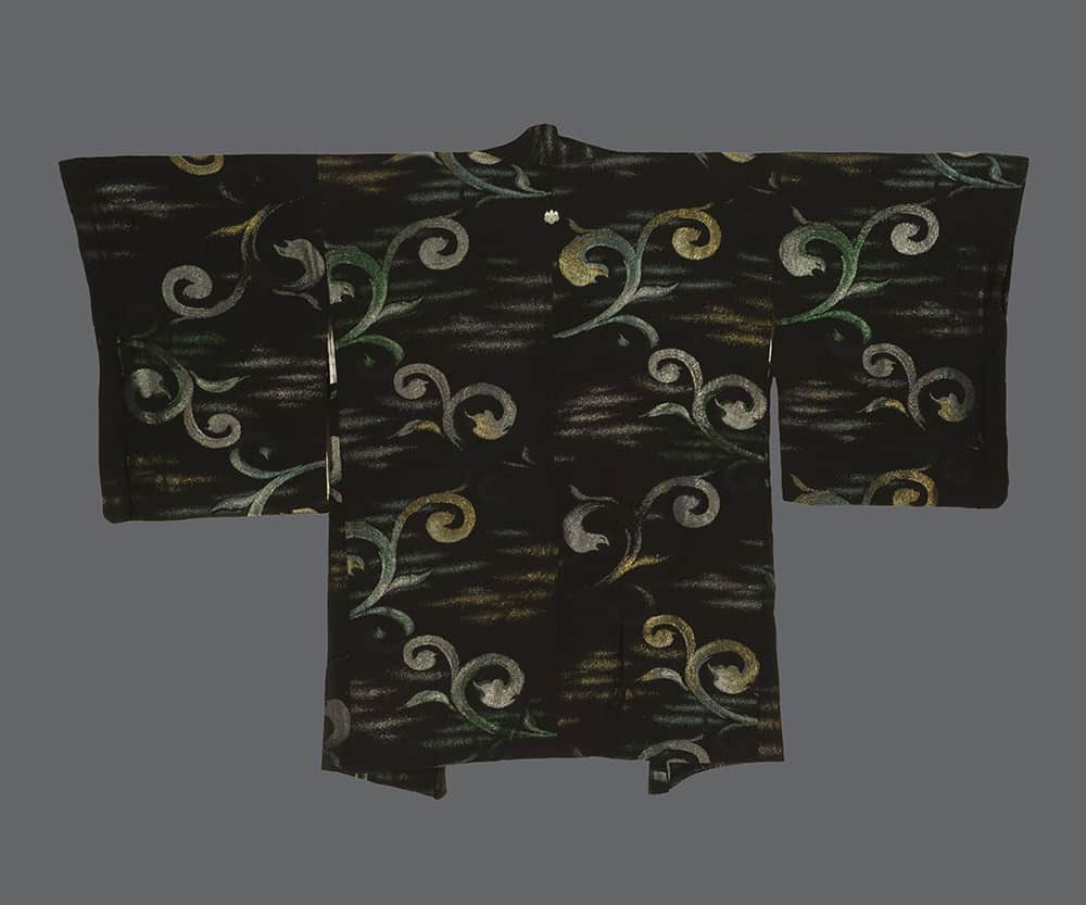 Black Japanese kimono with swirling metallic green and gold pattern