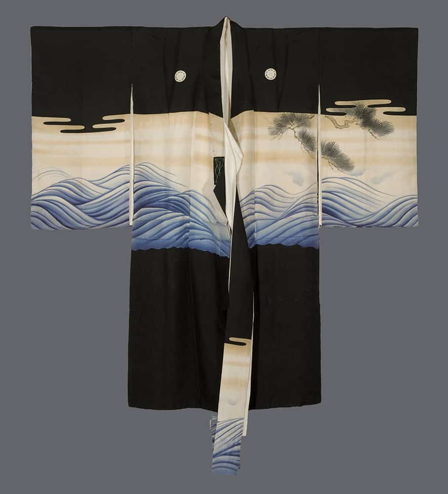Black and white Japanese kimono with blue waves and pine tree design