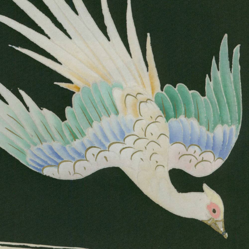 Stylized Japanese bird in flight with pastel blue and green feathers