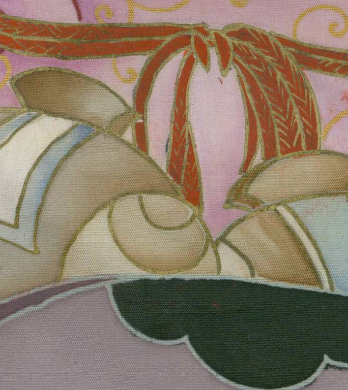 Abstract floral pattern with curves in muted pink, green, and orange tones