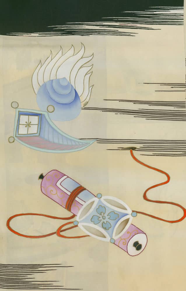 Abstract surreal artwork with blue and pink stylized objects