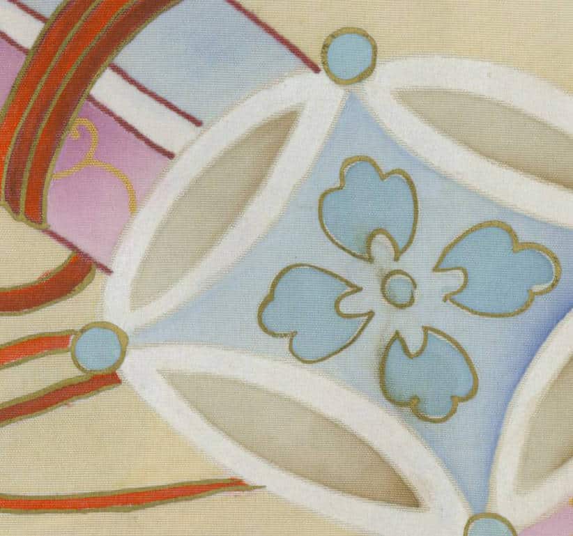 Soft pastel fabric with delicate blue flower and geometric design