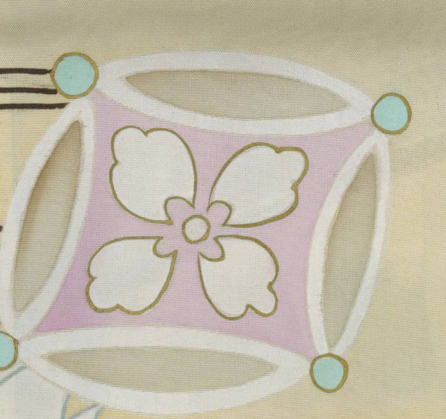 Pastel floral design with white flower on pink background and curved lines