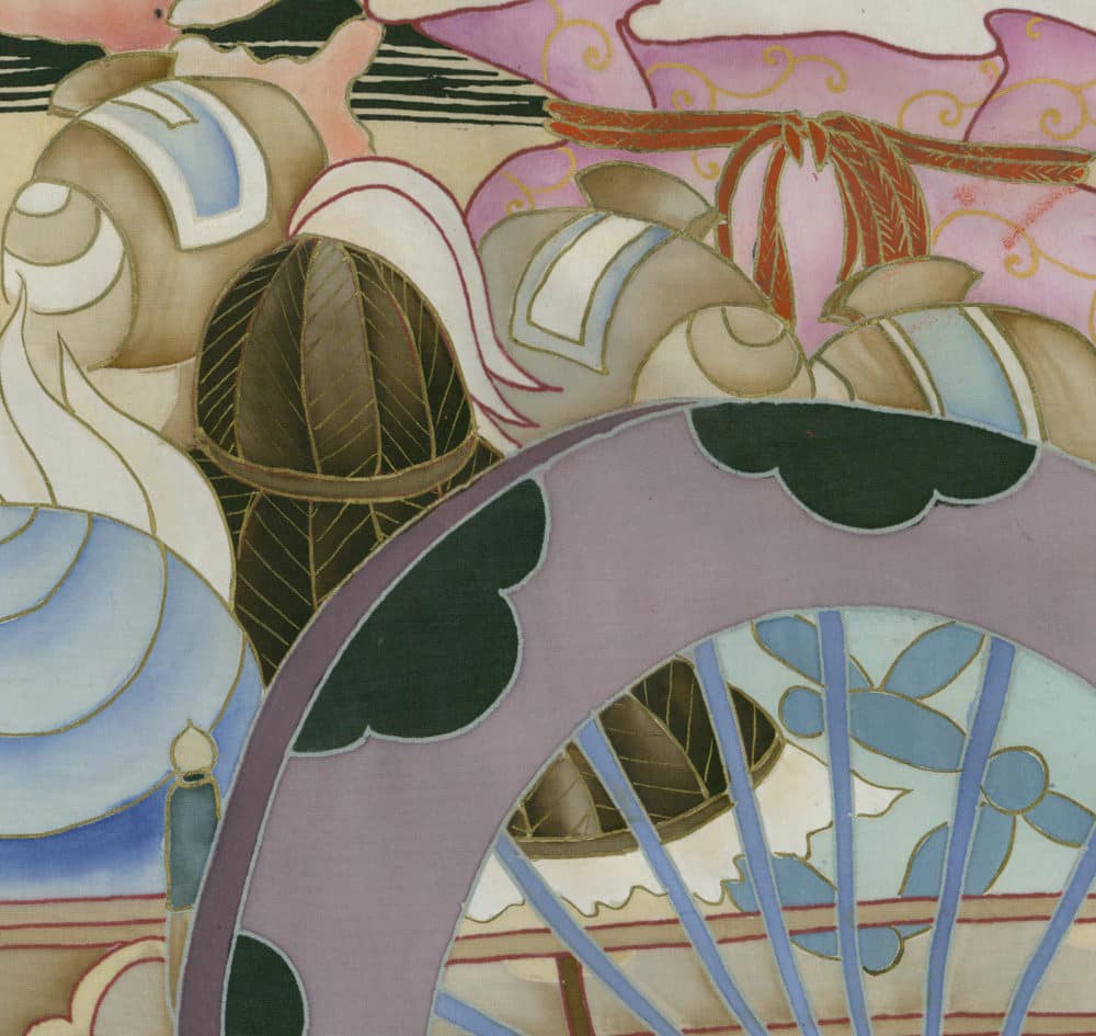 Abstract art with curved shapes, leaves, and soft pastel colors