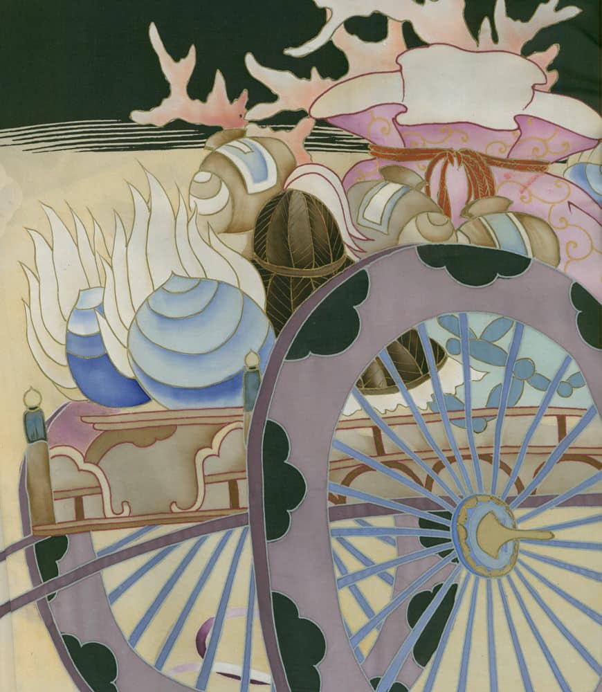 Stylized Art Nouveau illustration with wagon wheel, abstract shapes, and soft colors