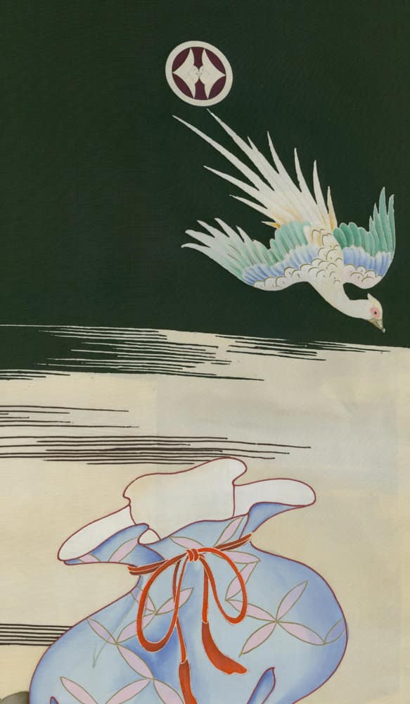 Japanese-style illustration of a bird flying over a blue wrapped package
