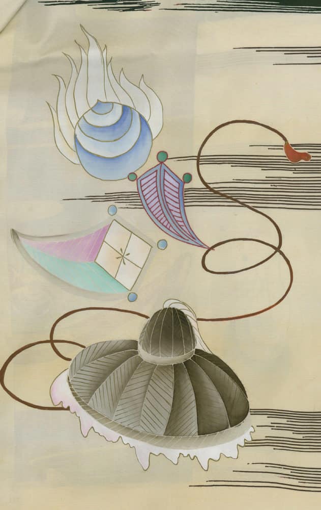 Abstract geometric shapes with curving lines and pastel watercolor tones