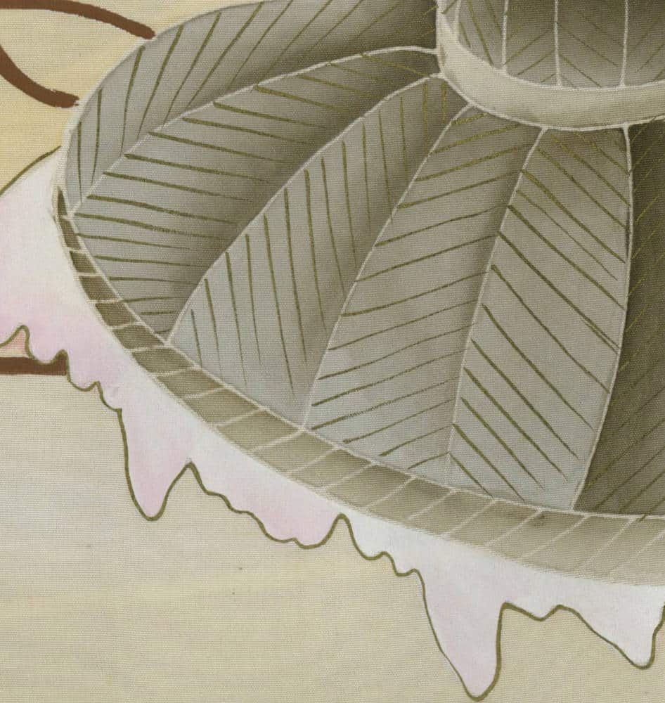 Soft green botanical illustration of textured leaves with subtle curves