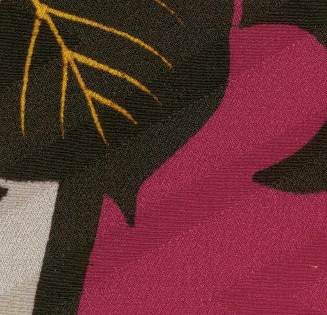 Abstract geometric fabric with yellow lines, pink, black, and white colors