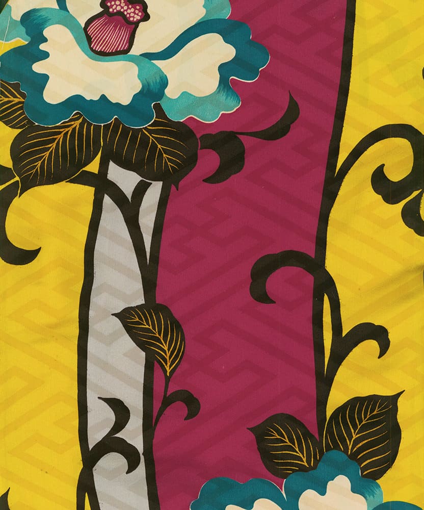 Vibrant floral pattern with teal, yellow, pink, and brown colors