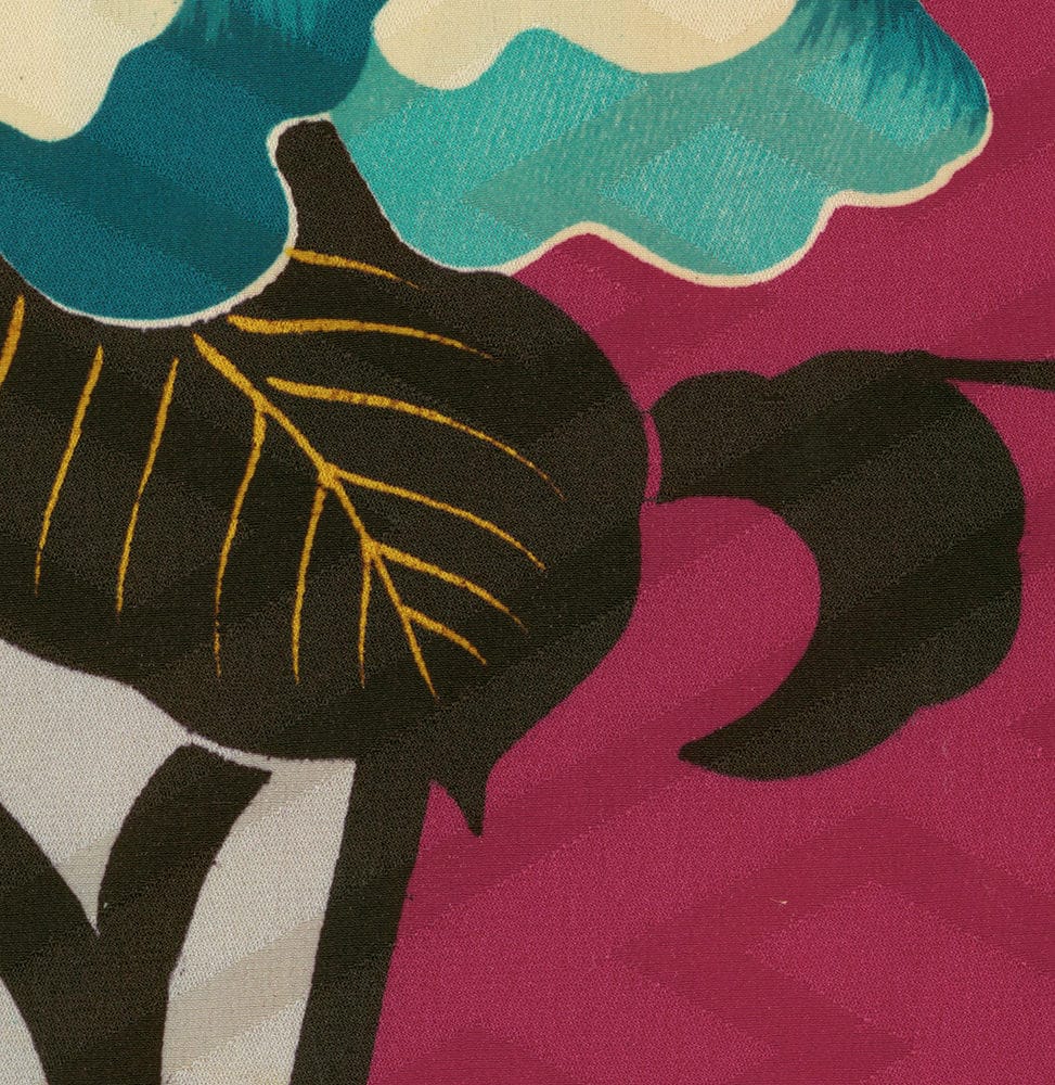 Abstract floral art with bold black leaves, yellow veins, teal and pink