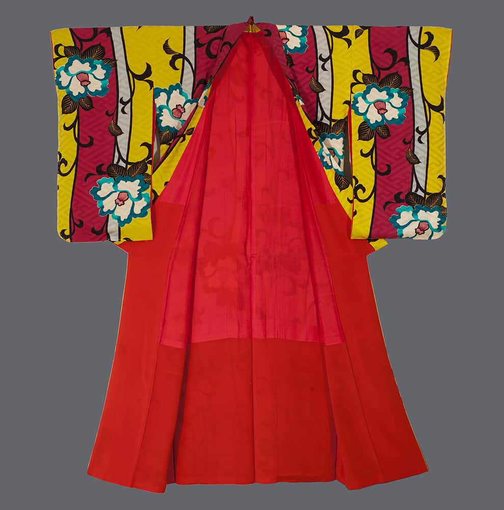 Vibrant red Japanese kimono with yellow and pink floral patterned sleeves