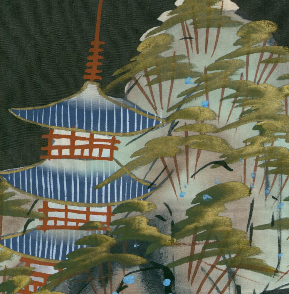 Japanese pagoda nestled among stylized trees in artistic landscape painting
