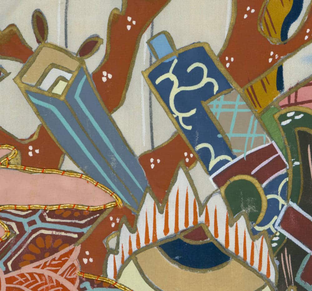 Abstract cubist painting with geometric shapes in warm colors